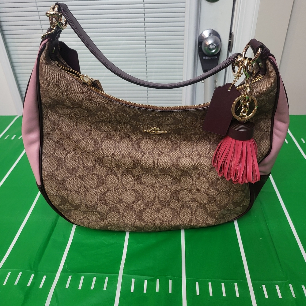 Used Coach Signature Brown and Pink Hobo Bag and Matching Wallet and Key ring